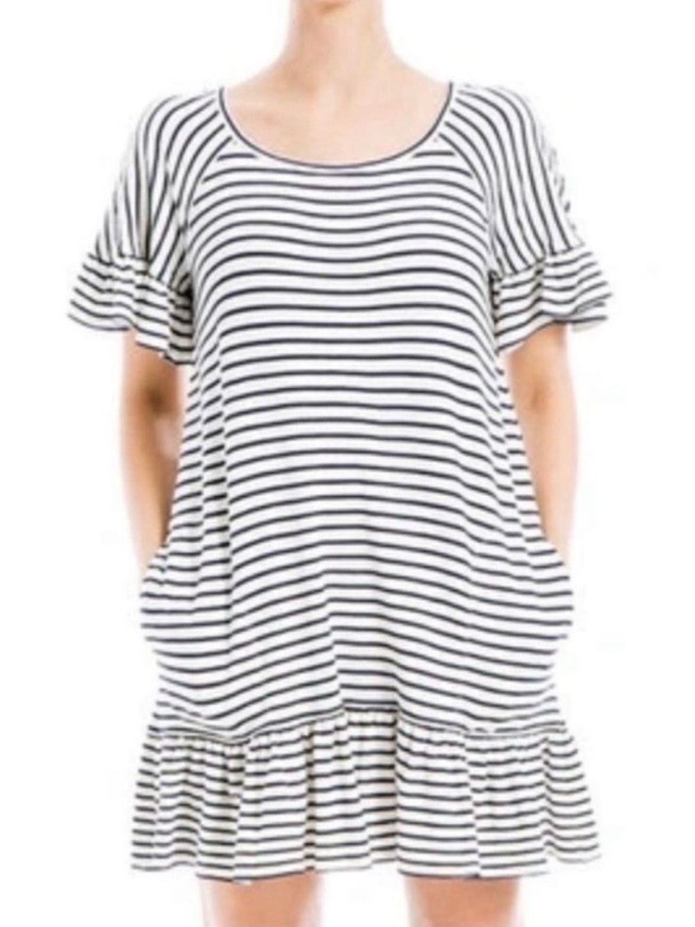 Max Studio Black and White Striped Ruffle Short Sleeve Shift Dress
